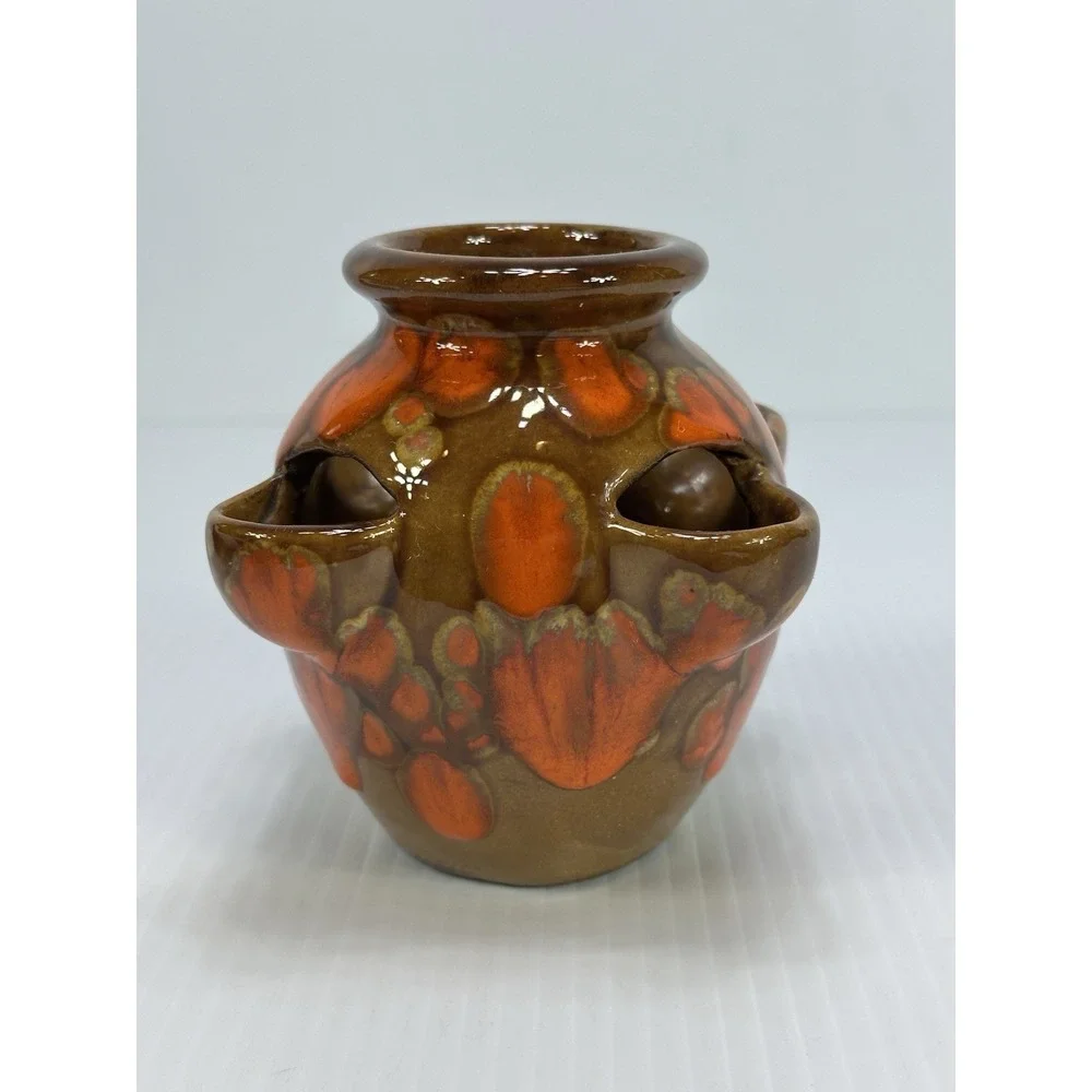 VTG Bar Harbor Maine Drip‎ Glazed Pottery Orange Brown Strawberry Planter Vase